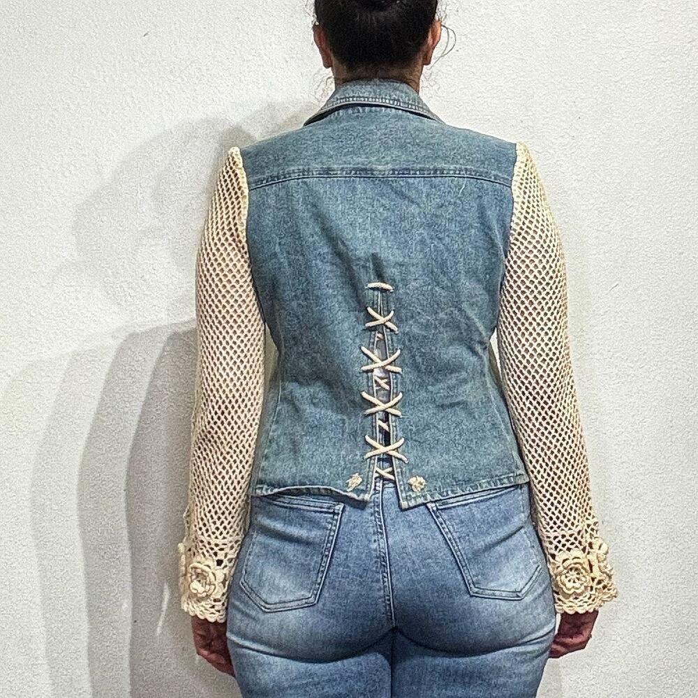 Cama Sol Denim Crochet Sleeve Vintage Jacket Sz S - Picture 9 of 11